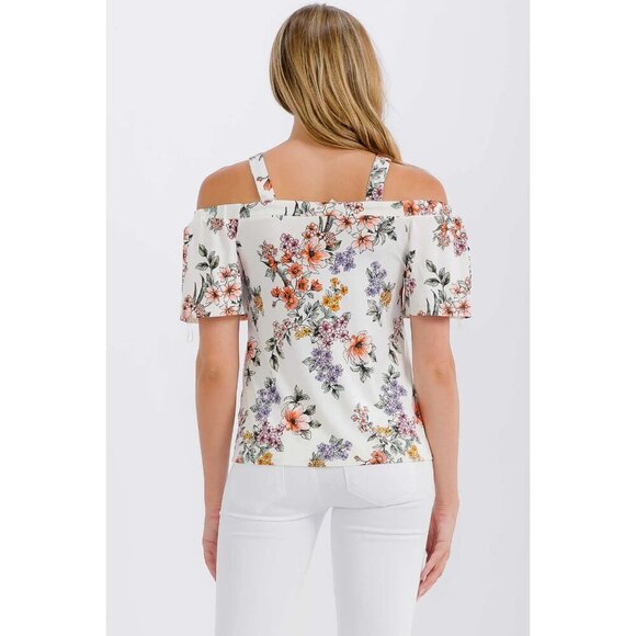 FLORAL KEYHOLE COLD SHOULDER BLOUSE - Picture 2 of 3